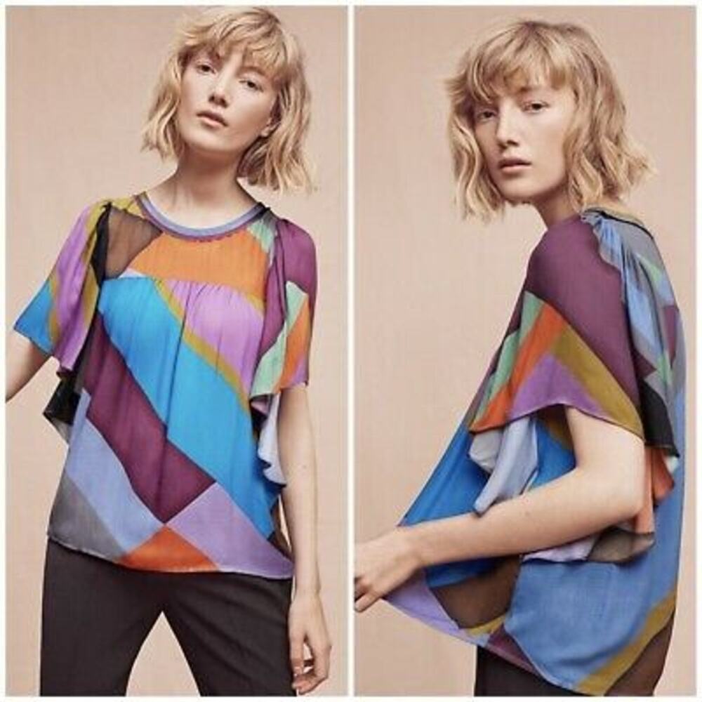 Anthropologie Hiche Mosaic Multicolor Blue Colorblock Flutter Sleeve Top S
